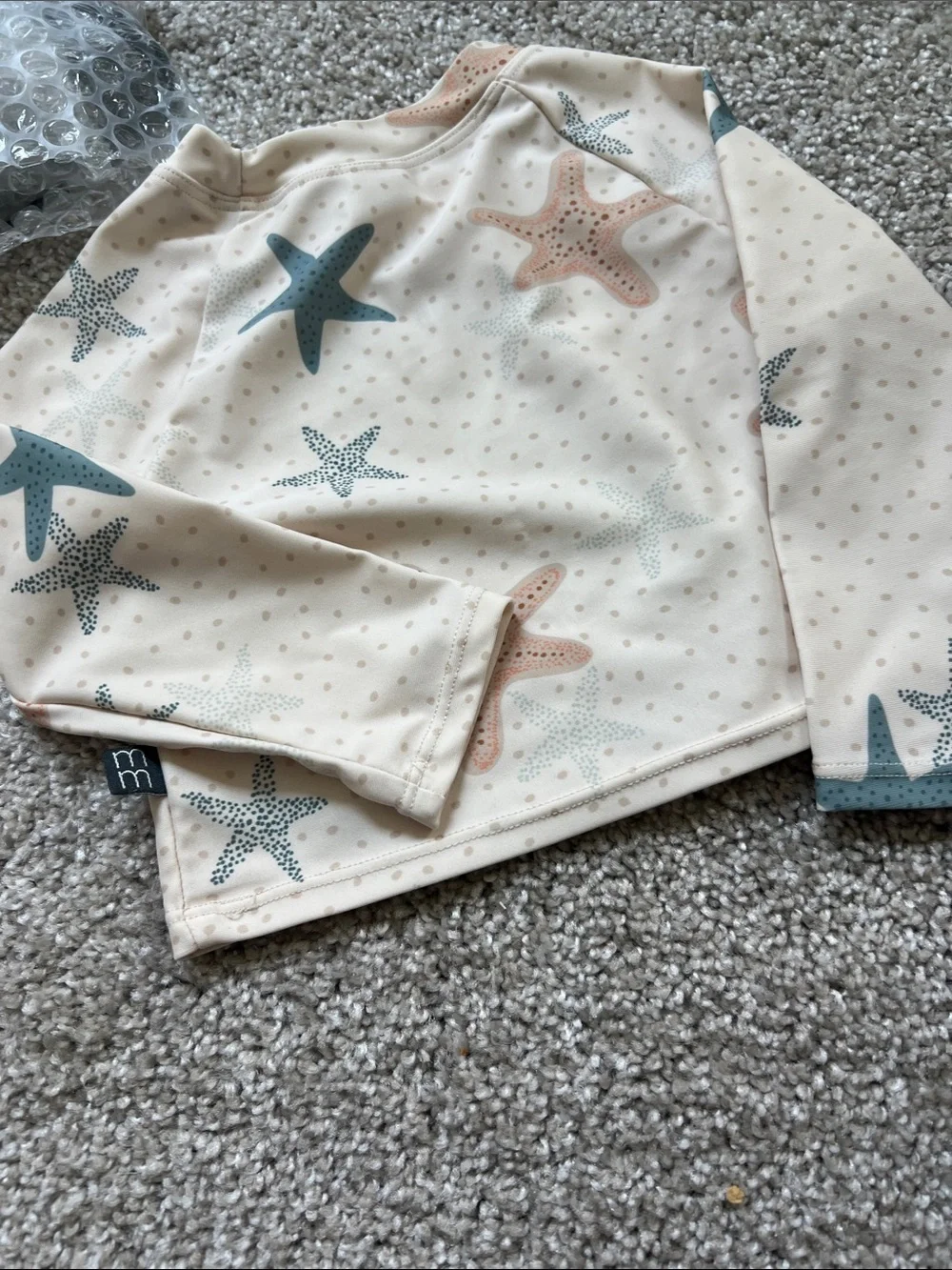 Cream Starfish Rashguard Set for Kids - Long Sleeve Swim Top & Ruffle Bottoms